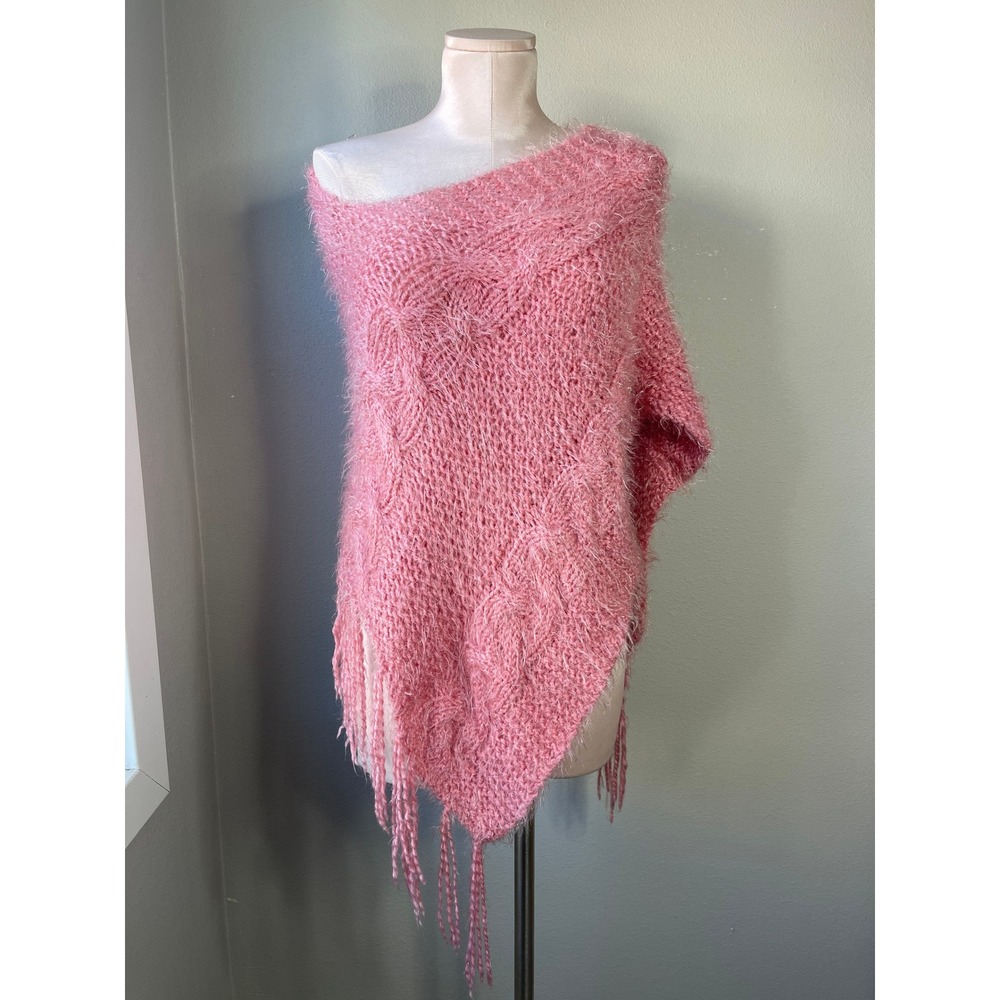 Unbranded Poncho Pink Eyelash Cable Knit Fringe Asymmetrical Shimmer Wrap